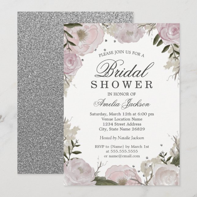 Pink Silver Sparkle Floral Bridal Shower Invitation (Front/Back)