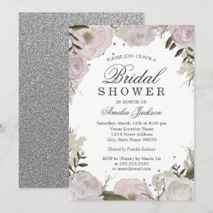 Pink Silver Sparkle Floral Bridal Shower Invitation