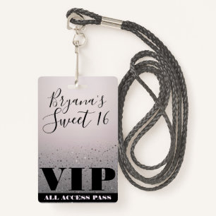 Pink Silver Sparkle Glitter Glam Sweet 16 VIP Pass ID Badge