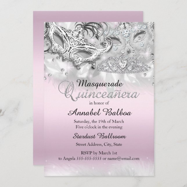 Pink Silver Sparkle Masquerade Quinceanera Invite (Front/Back)