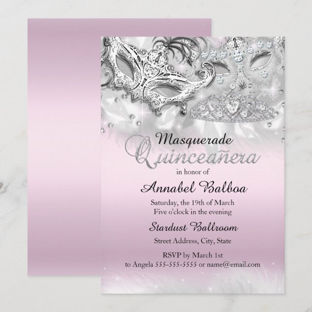 Pink Silver Sparkle Masquerade Quinceanera Invite (Front/Back)