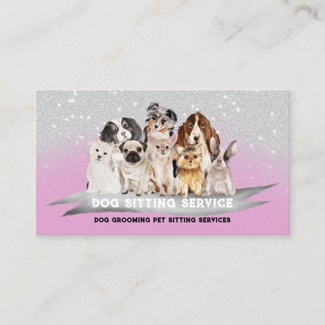 Pink Silver Sparkle Petsitter Dog Walk Business Card (Front)