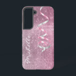 Pink Silver Sparkle Ribbon Glam Samsung Galaxy Case<br><div class="desc">This elegant phone case has a pink jewel like background with lots of silver star shines. An image of a shiny pink and silver two tone curled ribbon cascades down one side,  while your name in white script is on the other side. Beautiful and unique!</div>