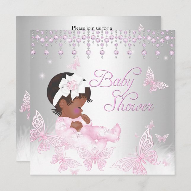 Pink Silver Sprinkle Butterfly Baby Shower Ethnic Invitation (Front/Back)