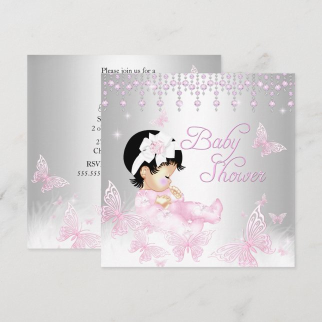Pink Silver Sprinkle Butterfly Baby Shower Invitation (Front/Back)