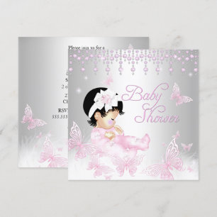 Pink Silver Sprinkle Butterfly Baby Shower Invitation