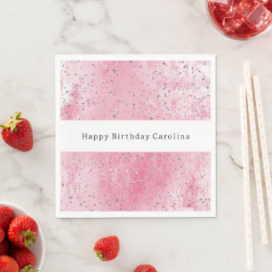 Pink Silver Stars Birthday Napkin