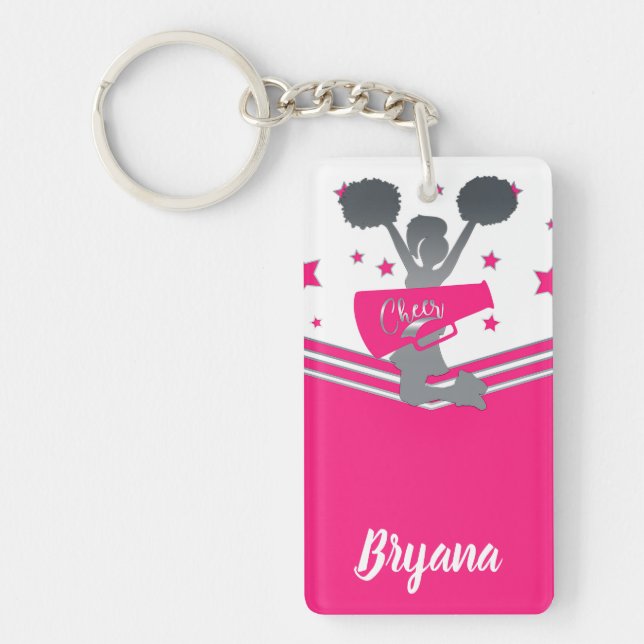 Pink Silver Stars Cheer-leading Personalised Name Key Ring (Front)