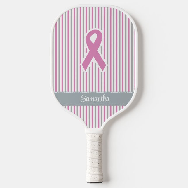 Pink & Silver Stripes custom name Pickleball Paddle (Front)