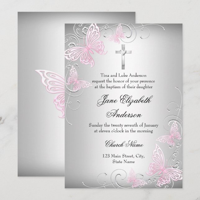 Pink Silver Swirl Butterfly Cross Baptism Invite (Front/Back)