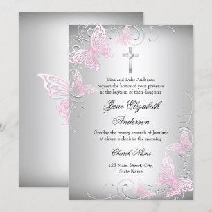 Pink Silver Swirl Butterfly Cross Baptism Invite