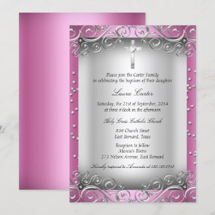 Pink Silver Swirl & Cross Baptism/Christening Invitation