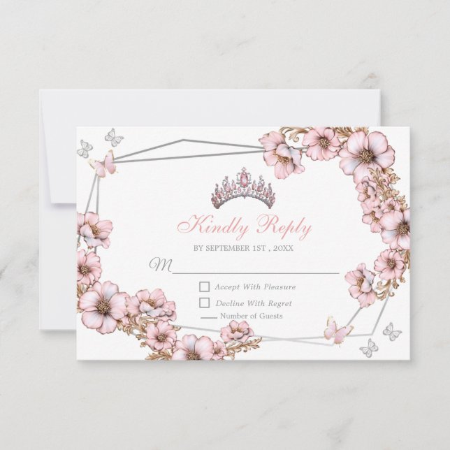 Pink Silver Tiara Butterfly Quinceañera RSVP Card (Front)