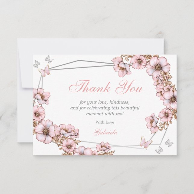 Pink Silver Tiara Butterfly Quinceañera Thank You Card (Front)