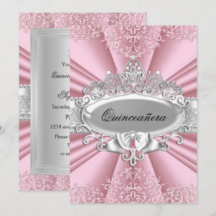 Pink/Silver Tiara & Damask Quinceanera 15th Party Invitation