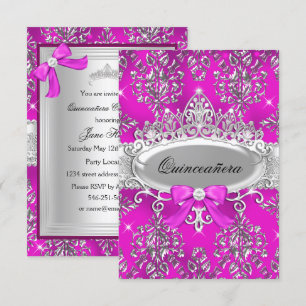 Pink Silver Tiara Damask Quinceanera Invite