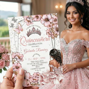 Pink Silver Tiara Floral Butterfly Quinceañera Invitation