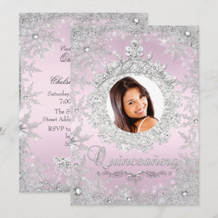 Pink Silver Tiara Snowflake Sparkle Quinceanera Invitation