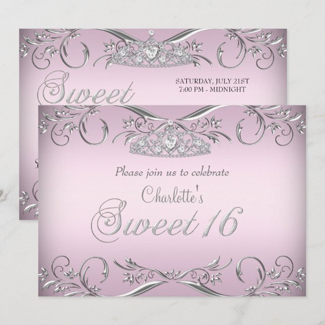 Pink Silver Tiara Sweet 16 Birthday Invitation (Front/Back)