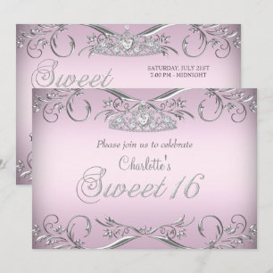 Pink Silver Tiara Sweet 16 Birthday Invitation