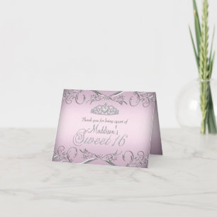 Pink & Silver Tiara Sweet 16 Thank You Card