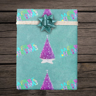 Pink Silver Trees Colourful Merry Christmas Teal Wrapping Paper