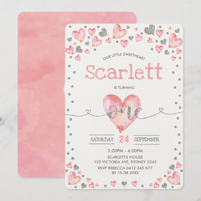 Pink Silver Valentines Sweetheart 1st Birthday Invitation (Front/Back)