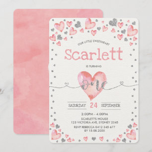 Pink Silver Valentines Sweetheart 1st Birthday Invitation