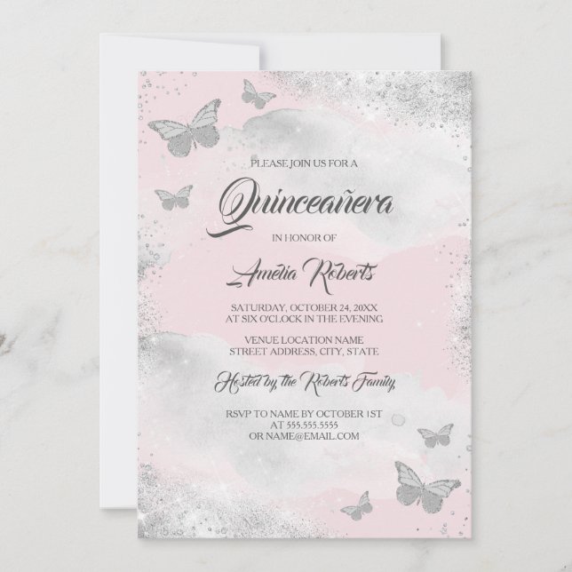 Pink Silver Watercolor Butterfly Dress Quinceanera Invitation (Front)