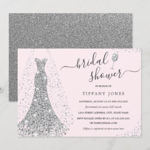 Pink Silver Wedding Dress Sparkle Bridal Shower Invitation