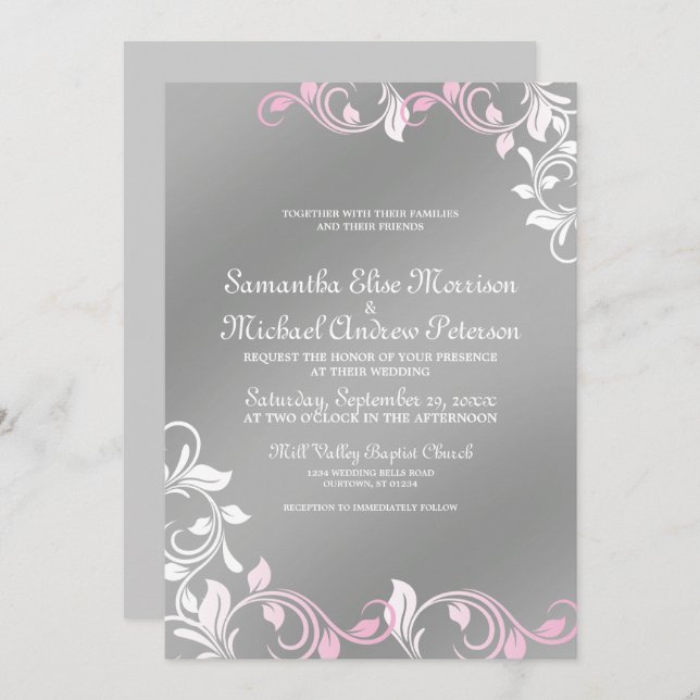 Pink|Silver Wedding Invitation (Front/Back)