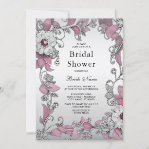 Pink Silver White Floral Bridal Shower Invitation