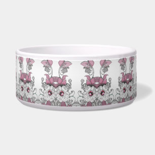 Pink Silver White Floral Ceramic Pet Bowl
