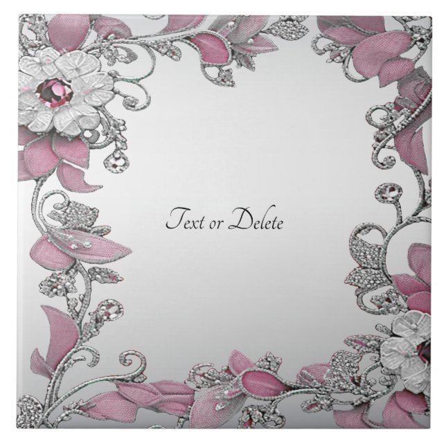 Pink Silver White Floral Ceramic Tile (Front)
