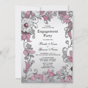 Pink Silver White Floral Engagement Invitation