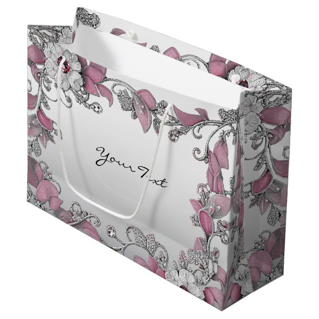 Pink Silver White Floral Gift Bag (Front Angled)