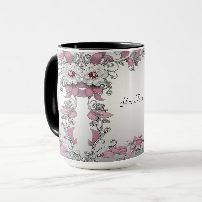 Pink Silver White Floral Mug (Front Left)