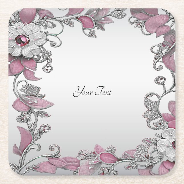 Pink Silver White Floral Paper Coaster (Front)