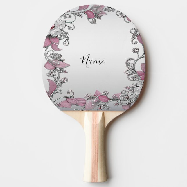 Pink Silver White Floral Ping Pong Paddle (Front)