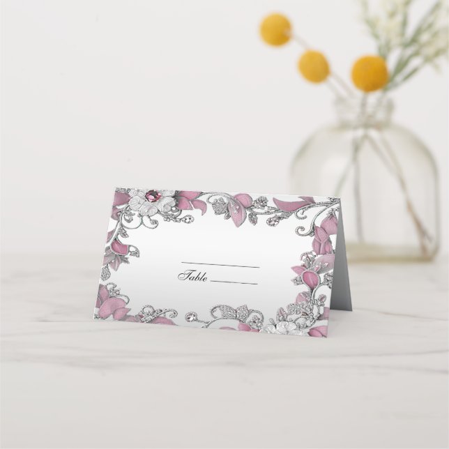Pink Silver White Floral Place Card (Front)