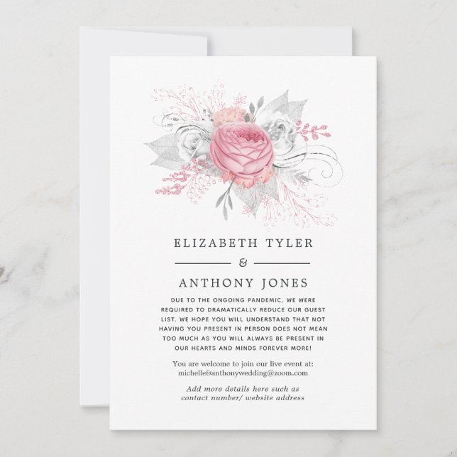 Pink, Silver & White Floral Reduced Guest List Announcement (Front)