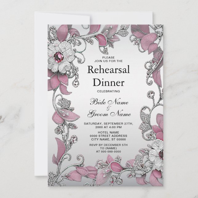 Pink Silver White Floral Rehearsal Dinner Invitation (Front)