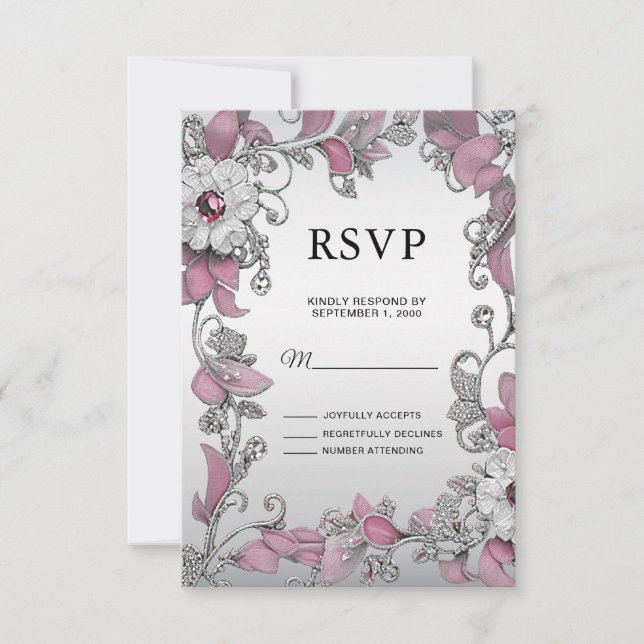 Pink Silver White Floral RSVP Card (Front)