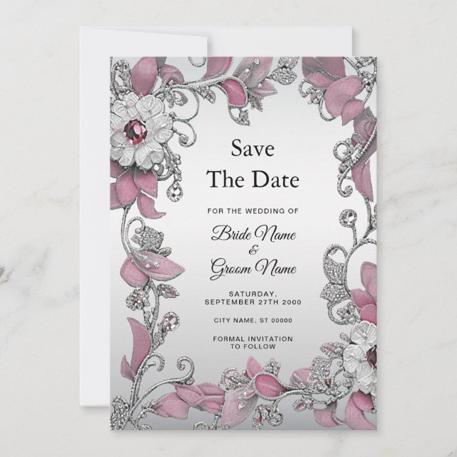 Pink Silver White Floral Save The Date (Front)