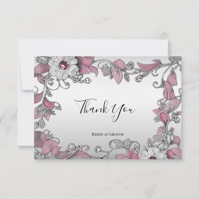 Pink Silver White Floral Thank You Card (Front)