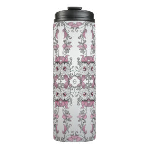 Pink Silver White Floral Thermal Tumbler