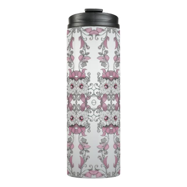 Pink Silver White Floral Thermal Tumbler (Front)