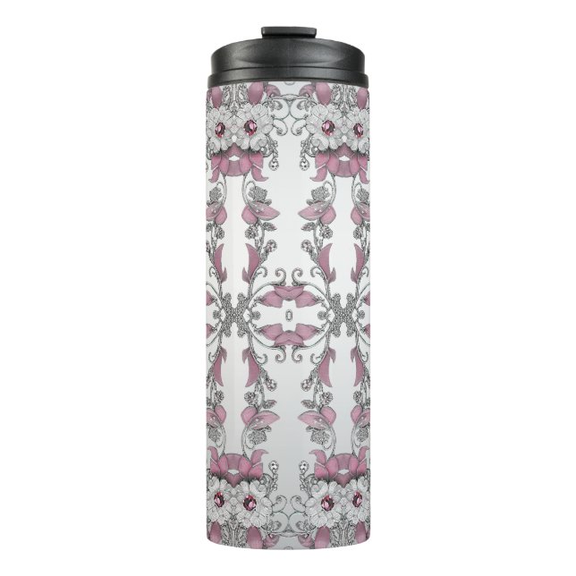 Pink Silver White Floral Thermal Tumbler (Front)