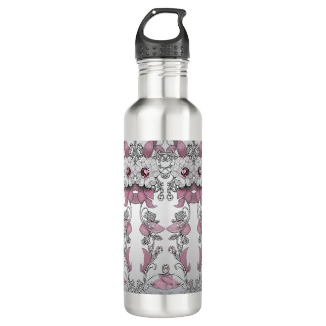 Pink Silver White Floral Water Bottle (Front)