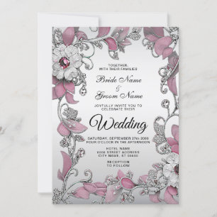 Pink Silver White Floral Wedding Invitation